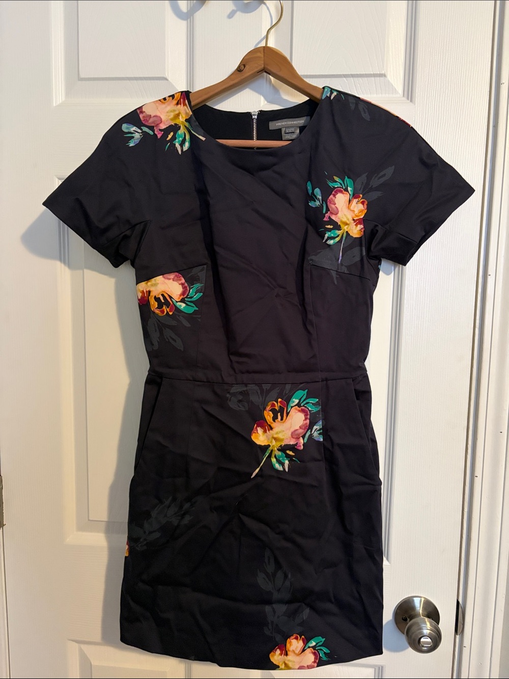 French Connection Black Floral Sheath Dress with Pink and Yellow Blooms